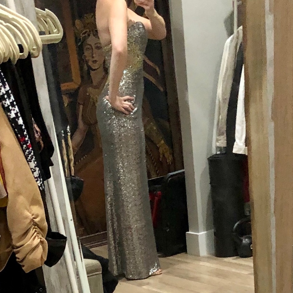 La Femme Silver Sequin Strapless Sheer Prom Dress